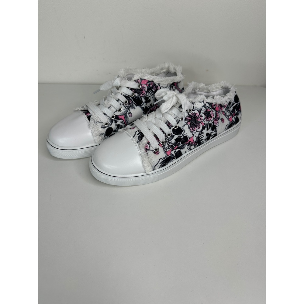 Womens Skull Floral Low Top Sneakers White Pink Lace Up Frayed Trim Size 41